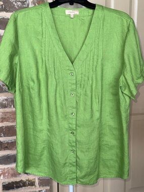 Choices Bright Lime Green Linen Button-Front V-Neck Linen Top Pleated Accents